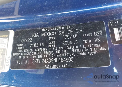 2022 Kia Forte Lxs z USA, uszkodzony, nr VIN 3KPF24AD9NE464903